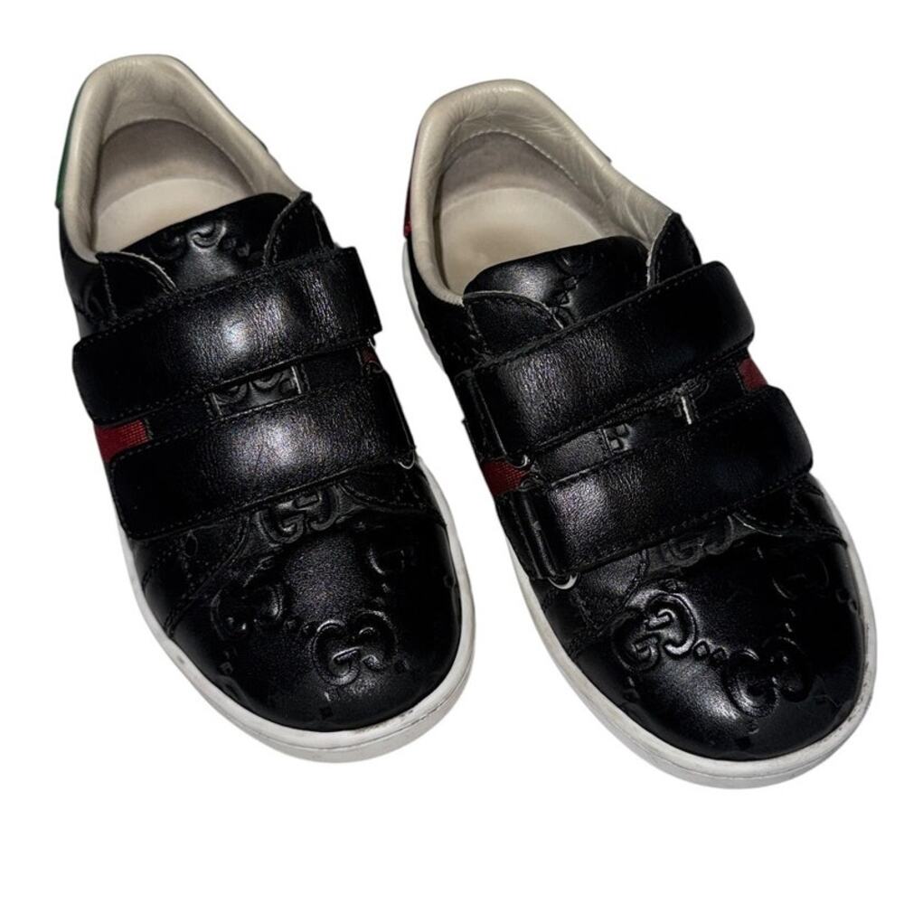 Gucci Kids Ace Sneakers Black Leather Web Stripe Velcro Toddler 8